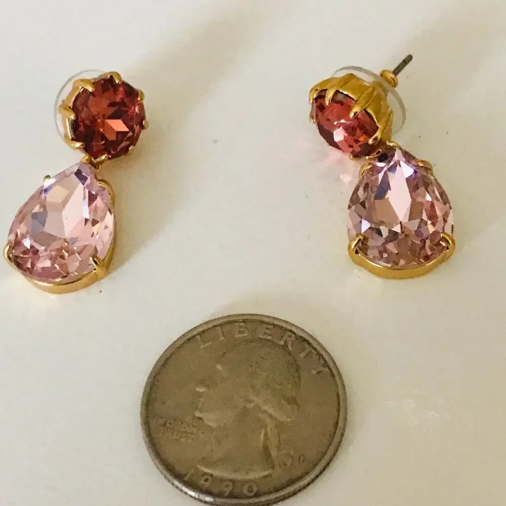 J. Crew Drop Earrings: Pink Faux Stones Set in Gold Tone, Signed